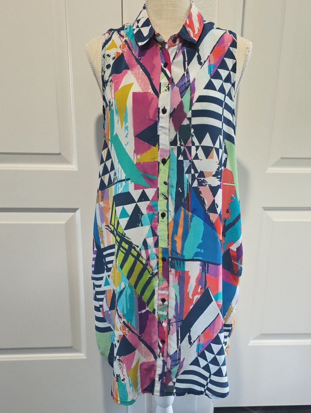 Tolani Sleeveless Abstract Multicolor Button-Front Shirt Dress
